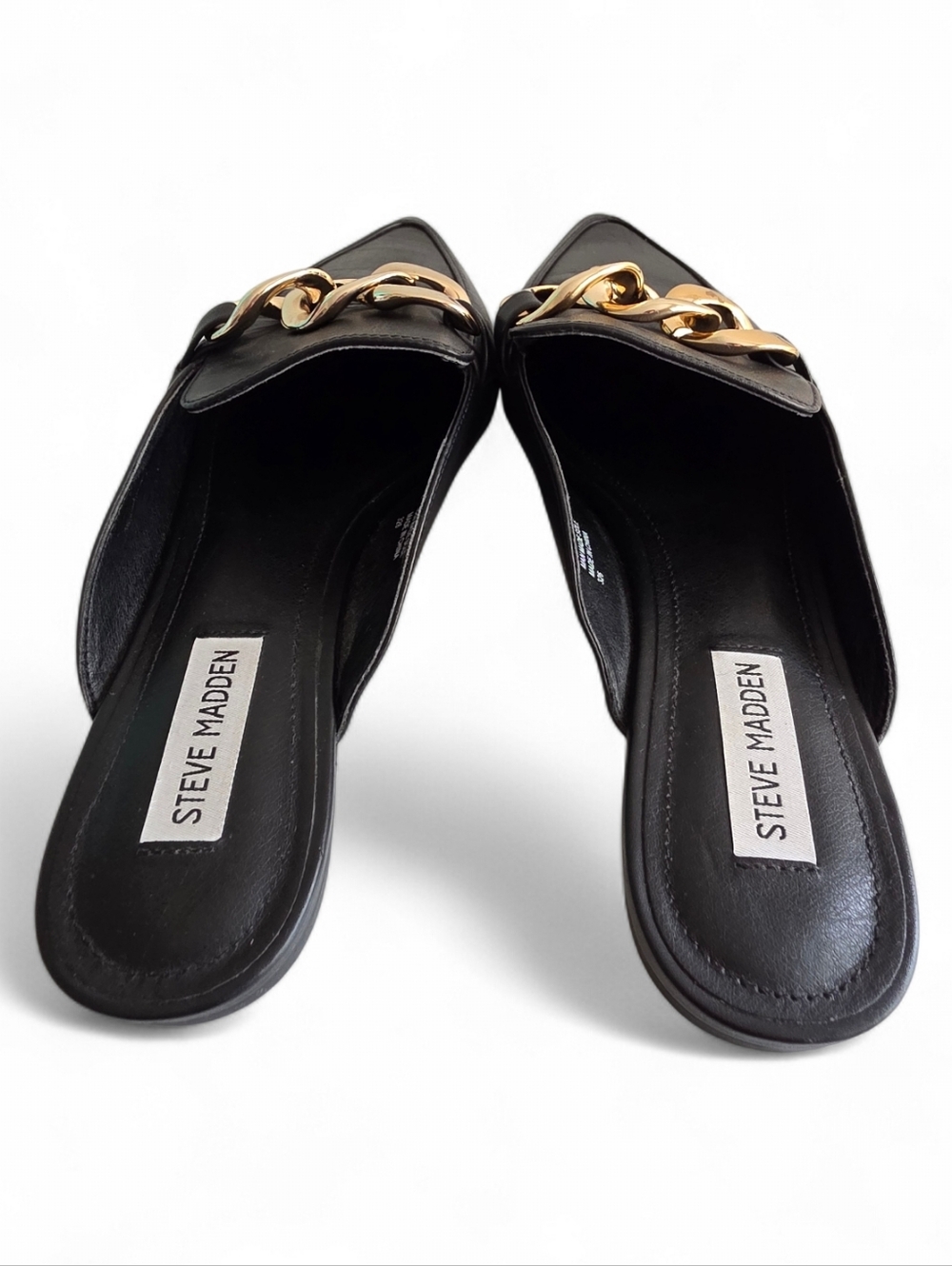 Steve Madden Black Leather Mule with Gold Chain Accent. - Picture 6 of 8